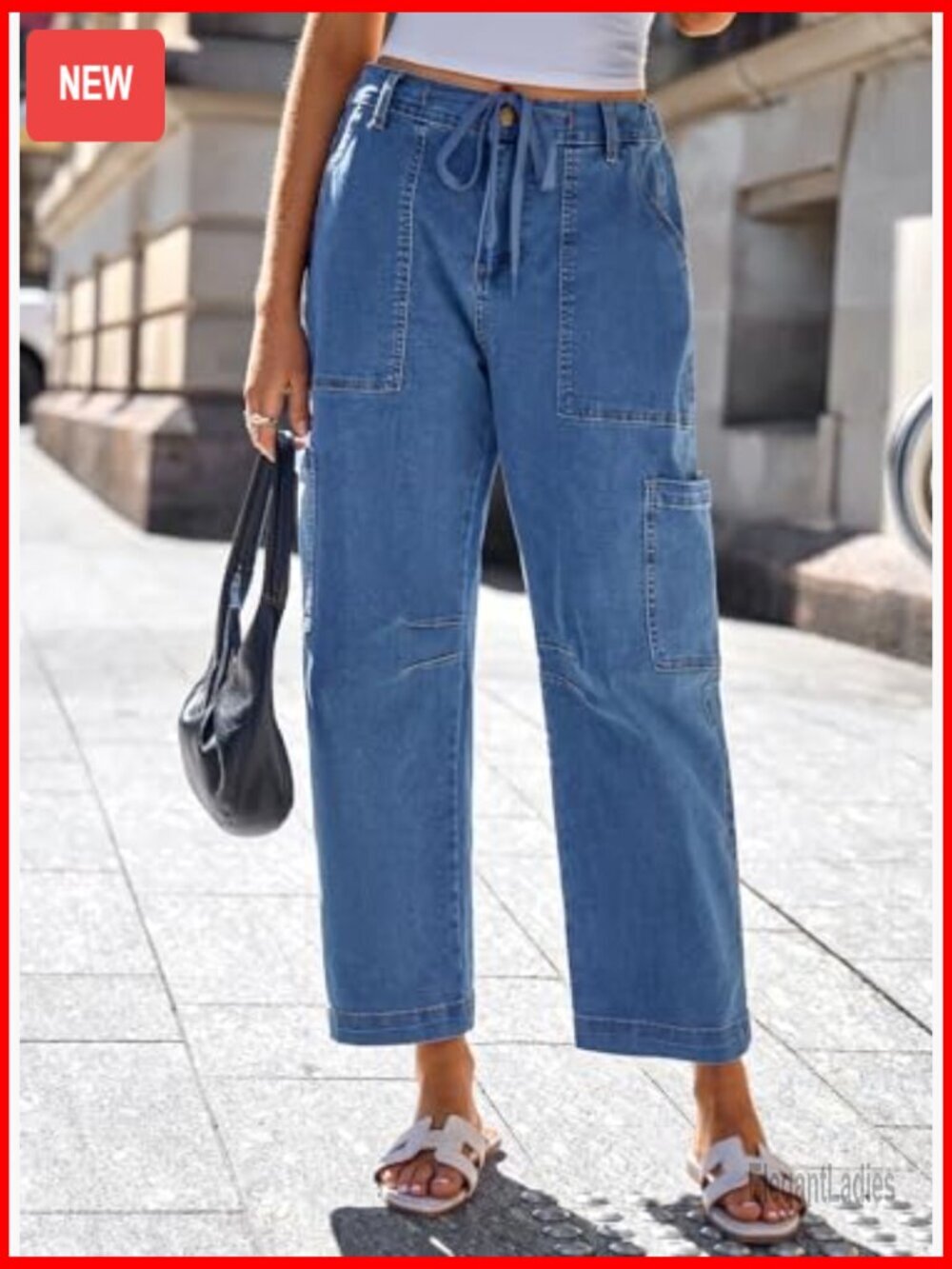 High Waisted Straight Wide Leg Cargo Jeans Loose Fit Cotton Denim Pants - Picture 2 of 7